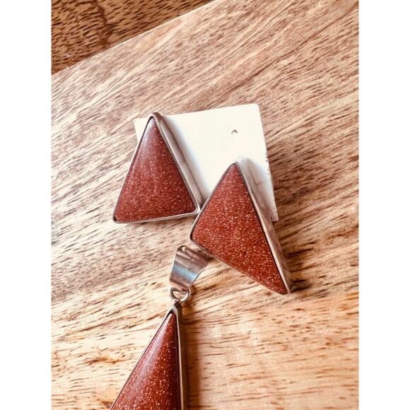 Vintage Sterling Silver Goldstone Pendant & Earrings Set Triangle Shape Boho - Picture 4 of 10